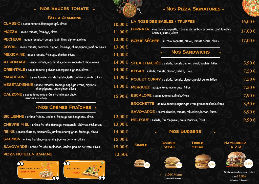 Dépliant menu de La Rose des Sables