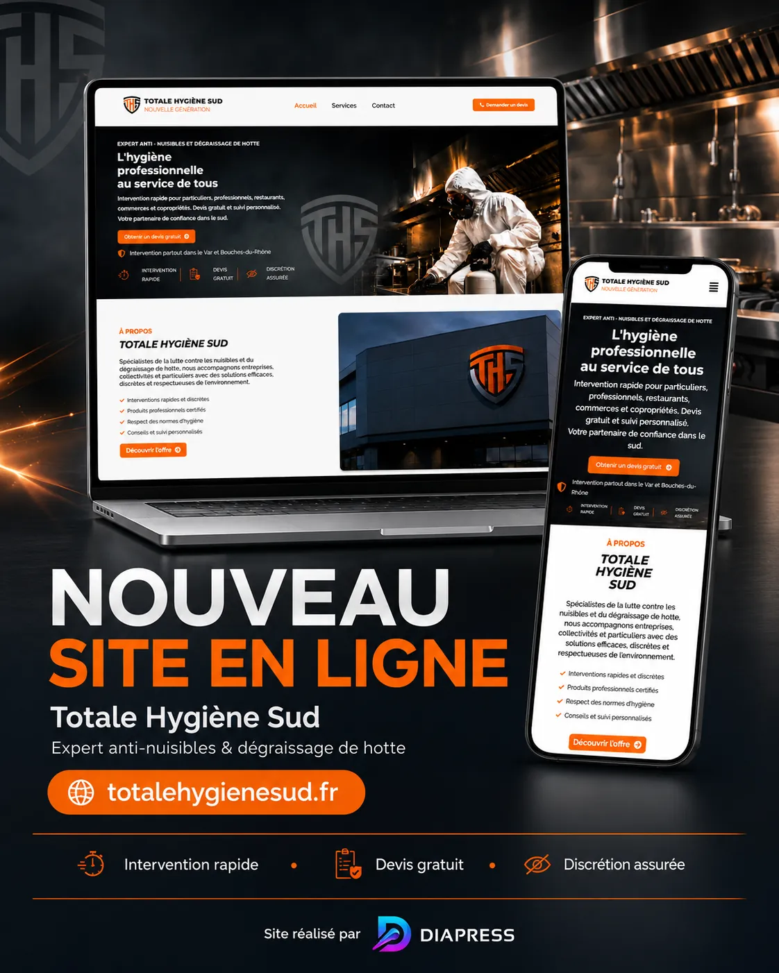 Site internet Totale Hygiène Sud présenté sur ordinateur et smartphone, réalisation DIAPRESS