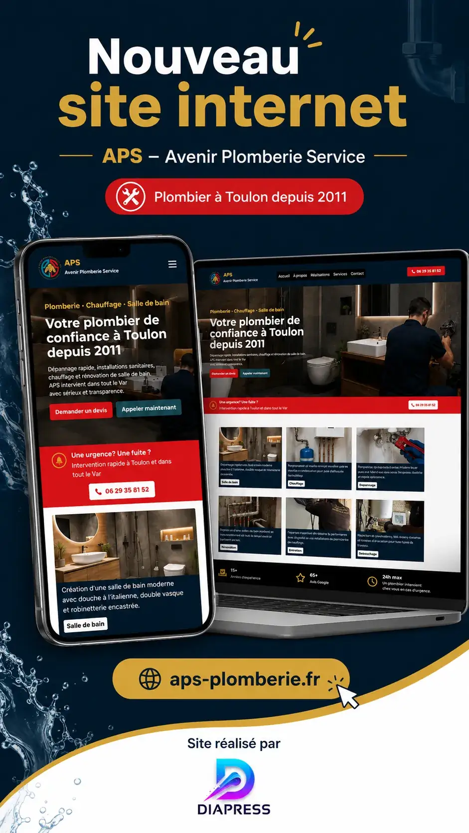 Site internet d'Avenir Plomberie Service sur ordinateur et téléphone, réalisé par DIAPRESS à Toulon