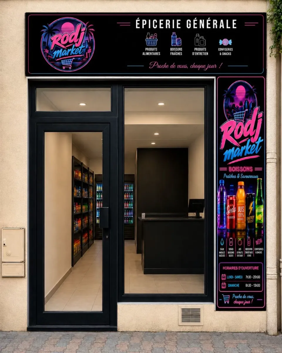 Enseigne et habillage de façade Rodj Market réalisés par DIAPRESS