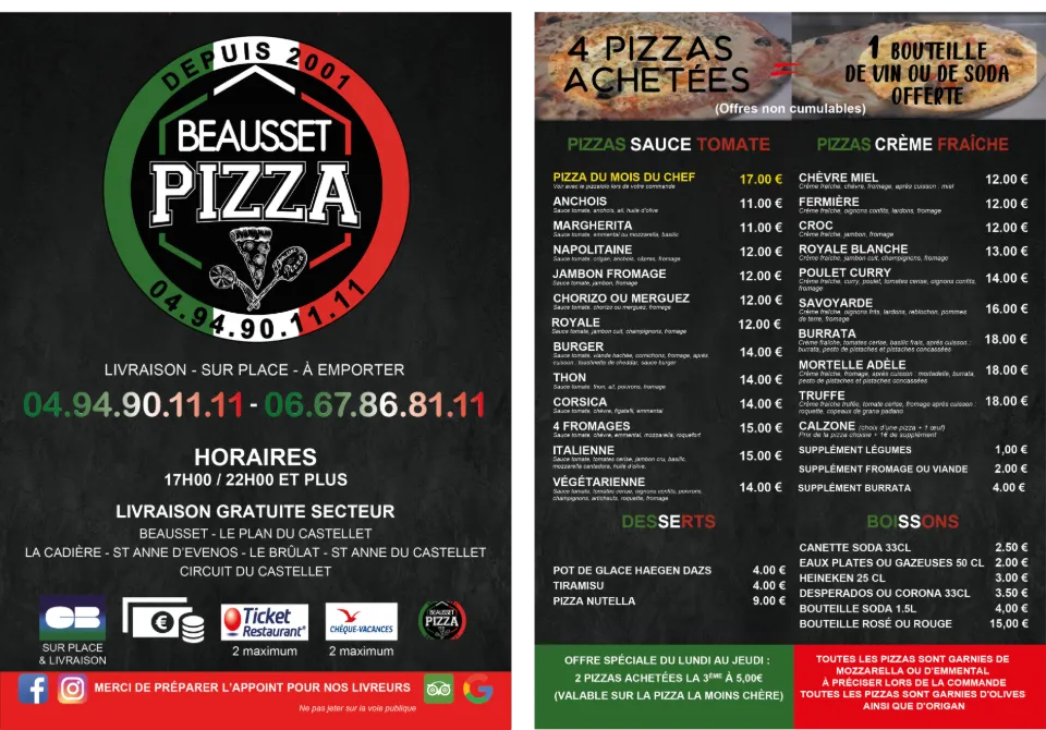 Flyer menu Beausset Pizza créé par DIAPRESS