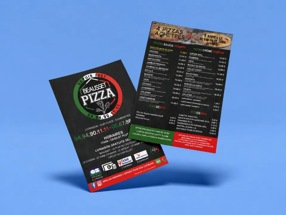 Présentation mockup du flyer Beausset Pizza conçue par DIAPRESS