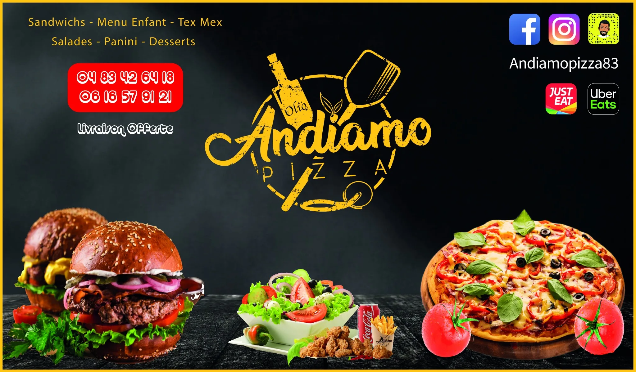 Visuel publicitaire Andiamo Pizza créé par DIAPRESS