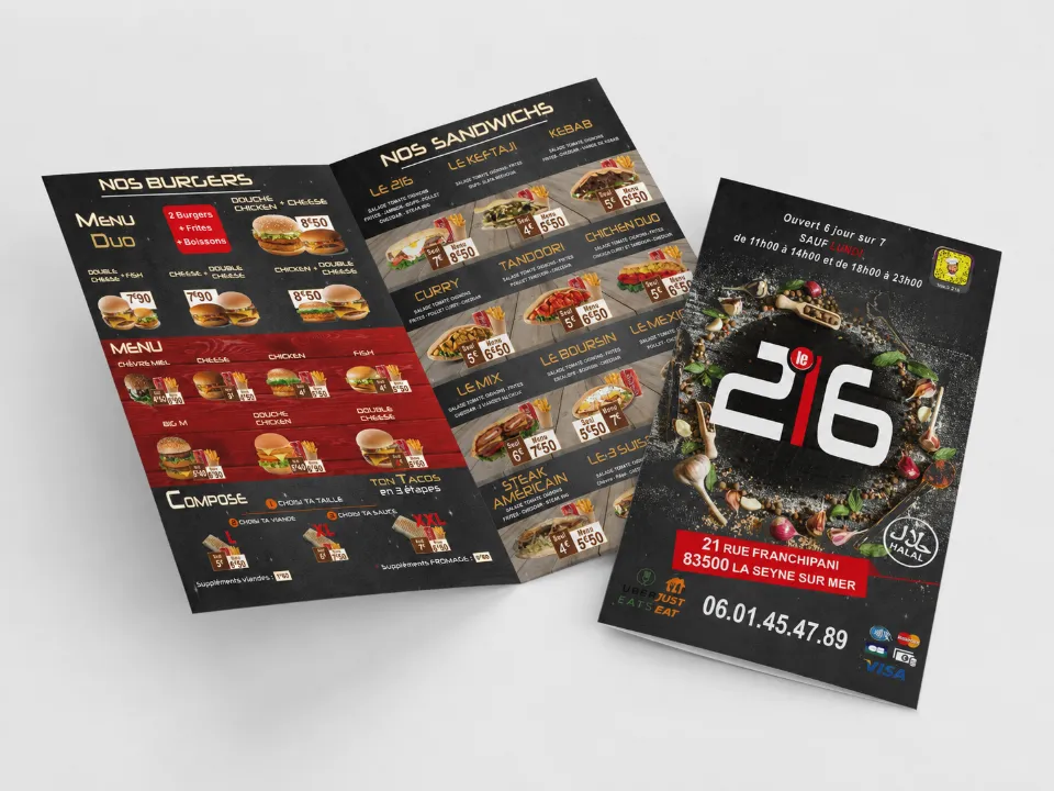 Menu Le 216 réalisé par DIAPRESS