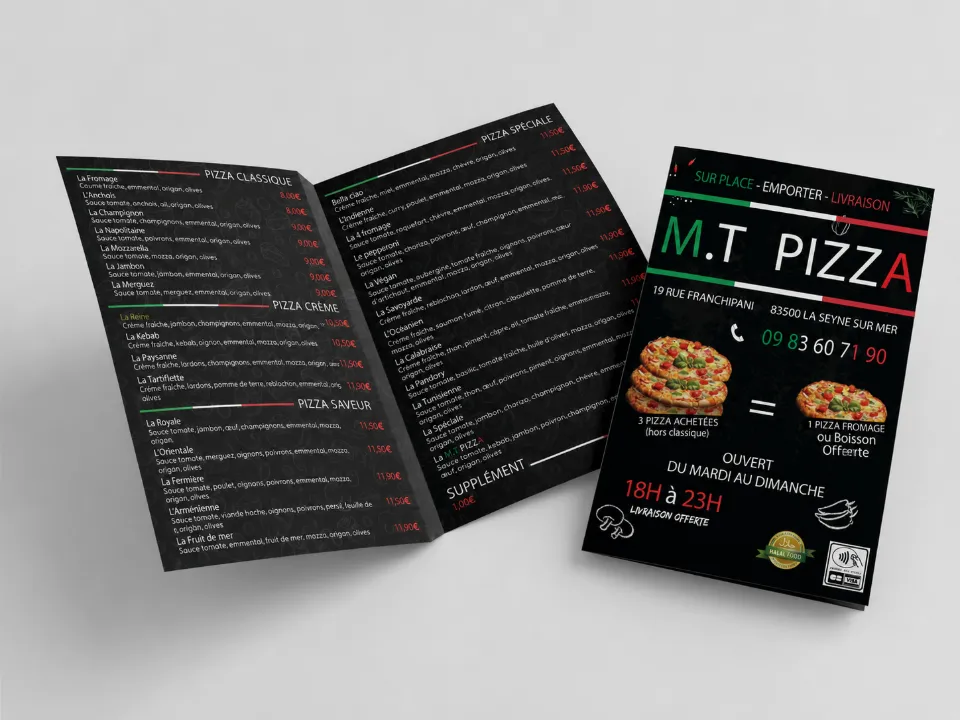 Menu M.T Pizza réalisé par DIAPRESS